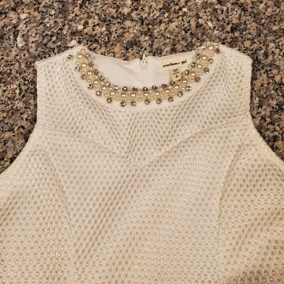 Monteau girls white dress, pearl rhinestone neck - Picture 2 of 5